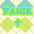 Pixelated buddy icon with argyle pattern background, displaying text and symbols in cyan and green.