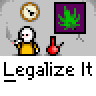 Animated contact sheet of a pixel art buddy icon showing a yellow stick figure with white face holding red bong, next to purple square with green cannabis leaf and clock, repeating across frames with text changes from "Legalize It" to "LEGALIZE" and "WHAT?"