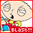 Pixelated cartoon character with large eyes and a black nose, wearing colorful clothing against a red border background.