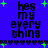 Blue background with black text reading 'hes my every thing' repeated four times, green plus signs and heart borders, animated green plus signs flashing.