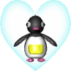 Animated penguin avatar with black head, white belly, yellow chest patch, pink feet and beak, inside light blue heart-shaped frame.
