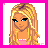Pixel art buddy icon featuring a blonde cartoon character on left and blue text block on right with pink border.