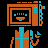 Pixel art of a robot with an orange and cyan color scheme, featuring a square head, rectangular body, and articulated limbs against a black background.