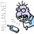 Pixelated cartoon character with spiky purple hair, blue shirt, and white pants holds a blue bottle while displaying three distinct facial expressions.