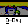 Animated contact sheet showing four frames of a pixel-art D-Day invasion sequence with soldiers, tanks, explosions, and skulls on a gray background.