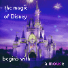 Purple-hued castle with spires under a starry sky, text 'the magic of Disney' and 'begins with a mouse' in pixelated font.