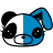 Pixelated cartoon character icon split into black-and-white left half and blue right half with large eyes, rounded ears, and visible anti-aliasing edges on a white background.