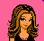 Pixel art contact sheet showing a female character in various poses with text about shopping and clothing, set against pink background.