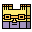 Four distinct pixel-art configurations of a yellow and purple geometric shape with orange accents on gray background.