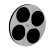 A circular film reel icon with five black sprocket holes on a light gray background, shown in multiple orientations including side views and flat top-down views.