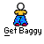 A 5-frame animated contact sheet showing a pixelated stick figure character in various poses with changing pants and facial features, each frame labeled "Get Baggy" below the icon.
