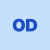 Blue 'OD' letters on light blue background, pixelated rendering with rounded 'O' and angular 'D' in solid blue against pale blue backdrop.