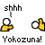 Pixelated animation of two figures with white heads and yellow bodies on gray background, showing sequential hand gestures and text changes.