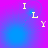 Pixelated yellow letters I, L, Y arranged in two on a blue-to-magenta gradient background with subtle circular patterns