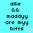 Pixelated text on cyan background with two identical static frames showing 'allie && maddy are myy biffs' and white heart symbols.