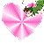 Four pink heart-shaped icons with a green character in various poses, some holding white objects against gray backgrounds.