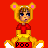 Pixel art contact sheet showing a character in a bear costume with three visible animation frames and text variations on red background.