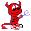 Red devil character with horns, tail, and pitchfork in pixel art style on gray background.