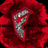 A pixelated red circular background with a central metallic silver and gray curved object resembling a stylized tooth or fang.