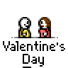Animated Valentine's Day buddy icon featuring two pixelated characters in various romantic poses with changing text and heart effects across 11 frames.