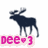 Pixelated dark blue moose stands facing left on white background with pink text 'DEE' and heart symbol above number '3'.
