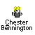 Pixelated character with yellow hair and gray suit holding red object, labeled 'Chester Bennington' below on light gray background.