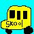 Pixelated yellow bus with 'Skool' text on side, cyan background, white pixelated text reading 'I ride the short bus 'cause my favorite color is clear.'