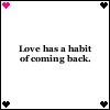 four identical white with black borders, each containing the text "Love has a habit of coming back." and small heart icons at the corners