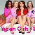 Four women in colorful outfits sit closely together on a light background with pink text reading 'Mean Girls' at the bottom.