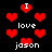 Pixelated red hearts and white text on black background with 'I', 'love', and 'jason' repeated in various arrangements.