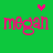 Green background with two pink 'megan' text icons, each topped by a heart; left icon has pink heart, right has yellow heart.