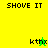 Pixelated icon with yellow and green quadrants displaying "SHOVE IT" text, "kthx" text, and a star symbol changing color between frames.