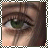 repeated close-up images showing a person's green eyes with dark eyeliner and brown hair, with text variations at the bottom