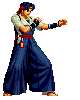 Pixel art character in blue pants and white shirt performing martial arts poses with red headband, wristbands, and belt.