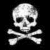 Static pixelated skull and crossbones icon on black background with grayscale rendering.
