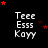 Black background with white text 'Teee Esss Kayy' in three , red stars scattered around, and a gray rectangle in the bottom-right corner