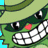 Green cartoon character with wide grin, large white teeth, black eyes, red cheek mark, and green headband; pixelated style.