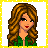 Pixel art buddy icon featuring a cartoon woman with long brown hair and green top on left, next to yellow background with green text "Love You Guys!" on right.