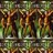 Pixelated static image of three figures in a row with green and brown background elements.