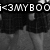 Pixelated black-and-white image with white text reading 'i<3MYBOO' on a dark background, featuring abstract grayscale shapes below the text.