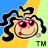 Pixelated cartoon character with pink sunglasses, red lip mark, and black braided hair against a blue-yellow-green gradient background with "TM" text.