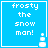 Blue square icon with white pixelated text 'frosty the snow man!' and a small snowman graphic in bottom-right corner.