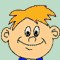 Two side-by-side cartoon heads with orange hair, blue collars, and light skin; left head has open eyes, right head winks.