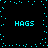 Pixelated cyan text 'HAGS' appears four times on a black background with scattered cyan dots forming a border.