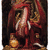 A figure in red and gold attire with a hand near its face, holding a golden orb on a pedestal.
