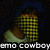 Pixelated image of a green and brown boot on dark background with white text reading 'emo cowboy' at bottom.