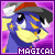Pixelated blue dragon with yellow accents wears red and gray cap, purple background, 'MAGICAL' text below, animated sparkles appear in different frames.