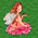 A fairy-like figure with long brown hair and white wings sits in a pink dress against a green background, holding an object in her right hand.