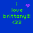 Blue background with green text reading 'i love brittany!!! <33' and four variations of purple pixel art symbols above 'i'.