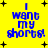 Yellow background with blue text reading "I want my shorts!" and black plus signs in four quadrants, showing animation variations of text and plus sign positions.